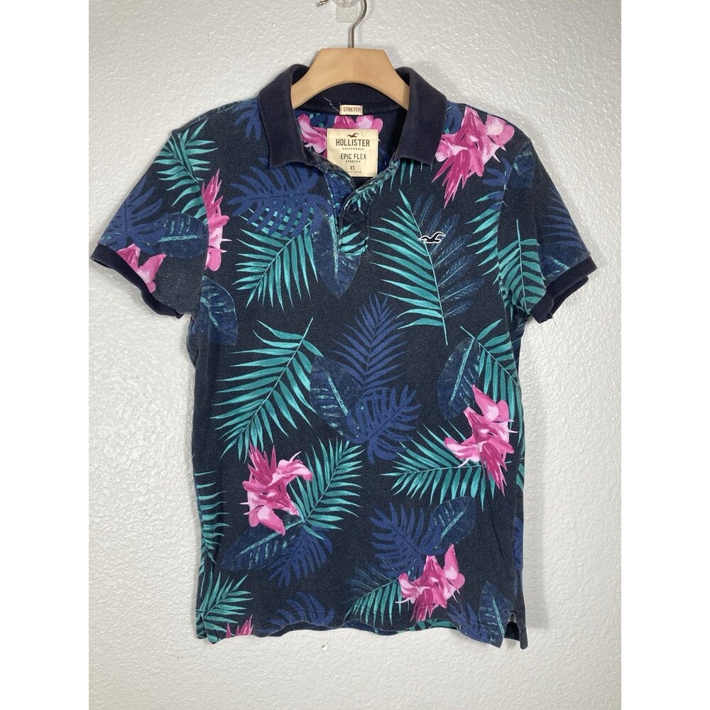 Hollister Polo Shirt XS Men Blue Epic Flex Stretch Hawaiian Tropical Surfer Cali